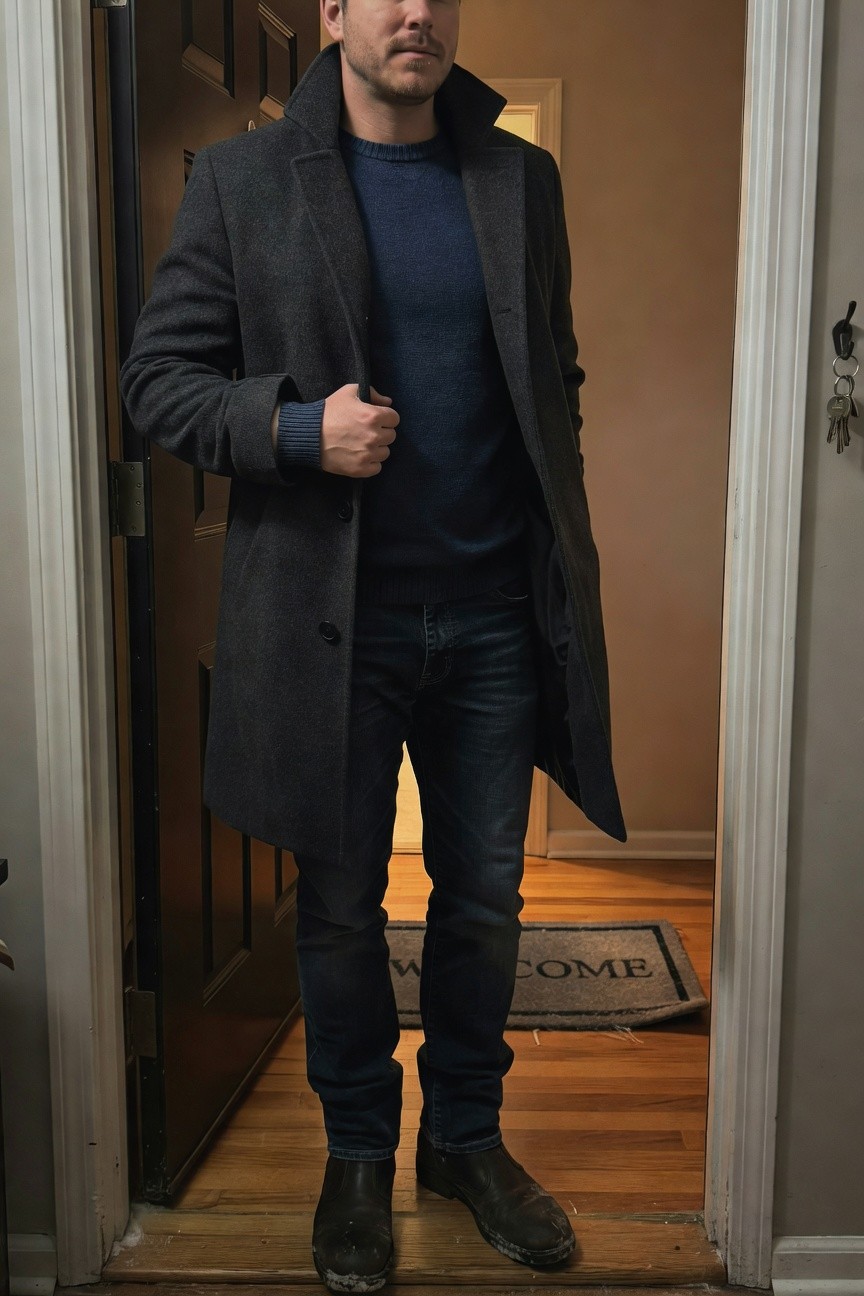 Man standing in open doorway wearing open charcoal gray wool overcoat over navy blue crewneck sweater, dark blue straight-leg jeans, and black leather ankle boots with slight wear on soles