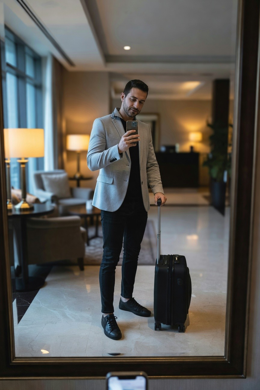 Man in light gray blazer, black t-shirt, slim black jeans, and black sneakers standing in front of a hotel mirror holding a phone and suitcase handle