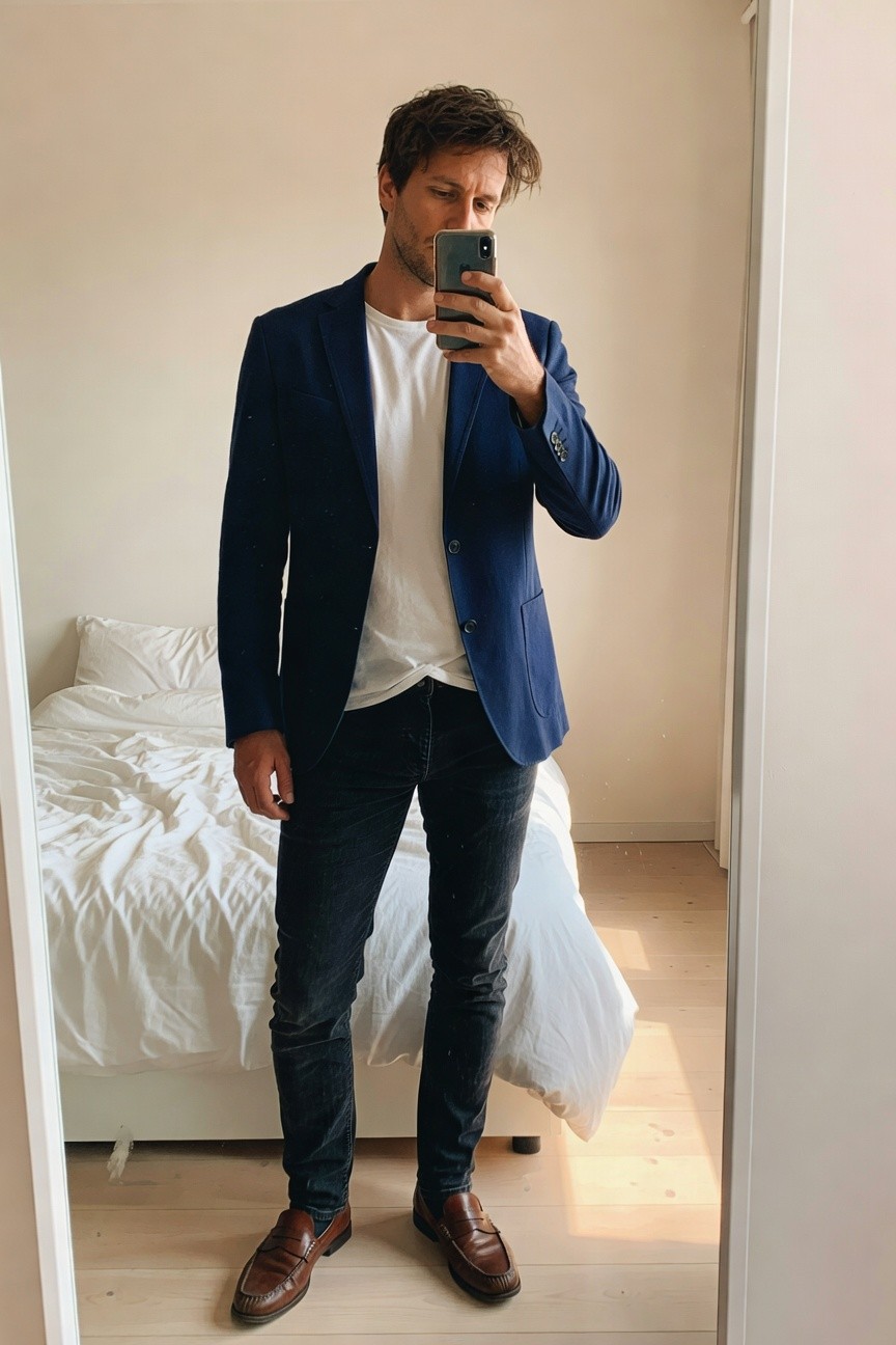 Mirror selfie of man in navy blue unstructured blazer over white t-shirt tucked into slim dark wash jeans and brown leather penny loafers standing in bedroom