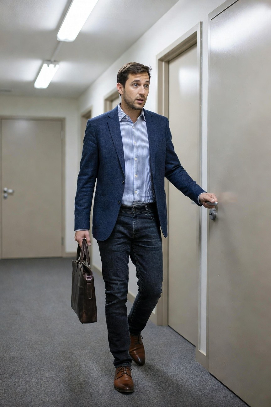 Man in navy textured blazer, light blue striped shirt, dark blue jeans, brown leather tote bag, and brown oxford shoes, stepping into doorway in office hallway with surprised expression