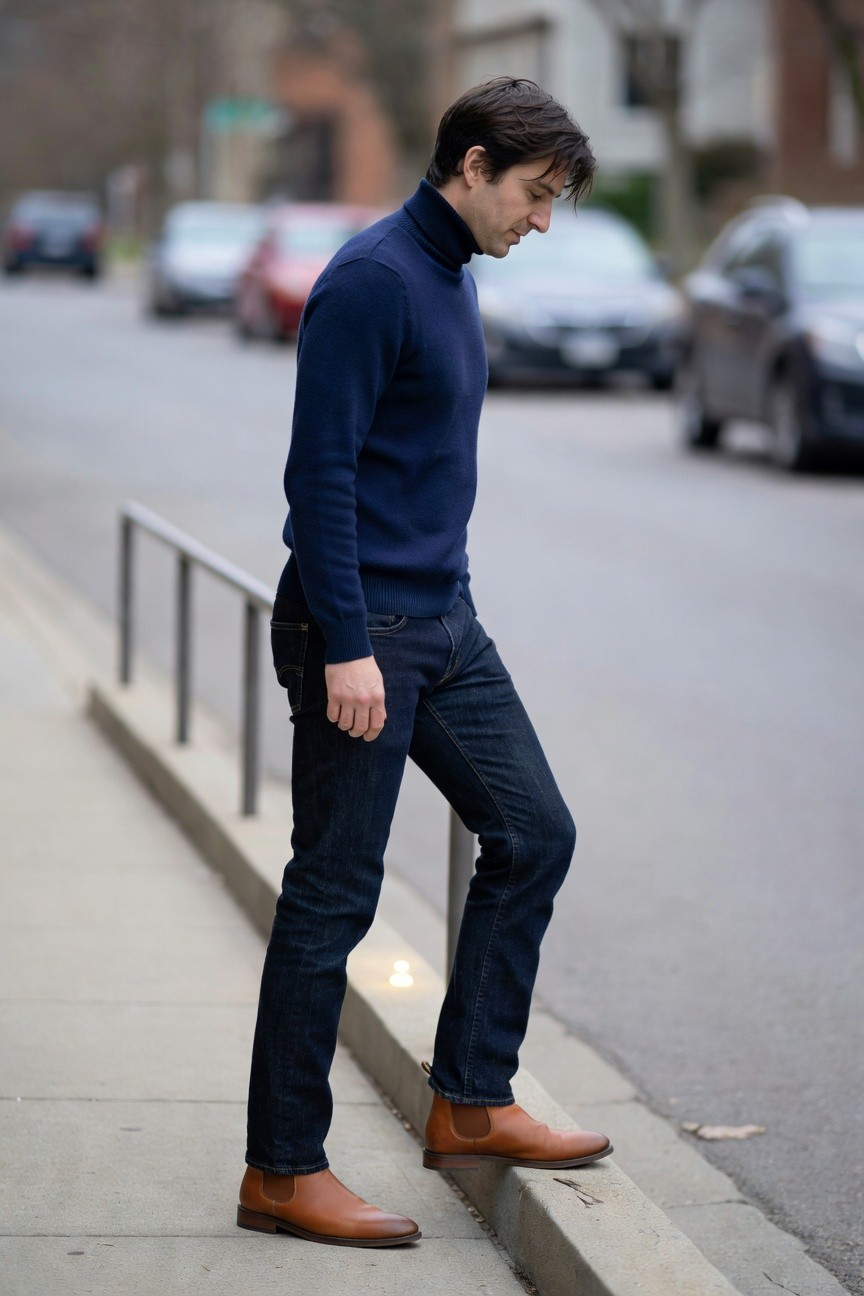 Side view of a man in a navy turtleneck sweater, slim dark wash jeans, and tan leather chelsea boots, stepping down a curb with hands in pockets