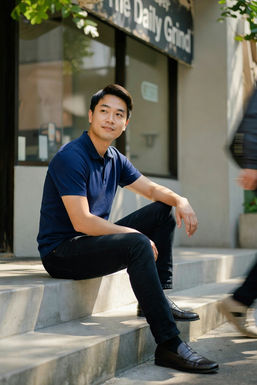 Young Asian man in navy short-sleeve polo shirt, black slim-fit jeans, and black loafers with socks, sitting casually on concrete steps outside a coffee shop with potted plants nearby