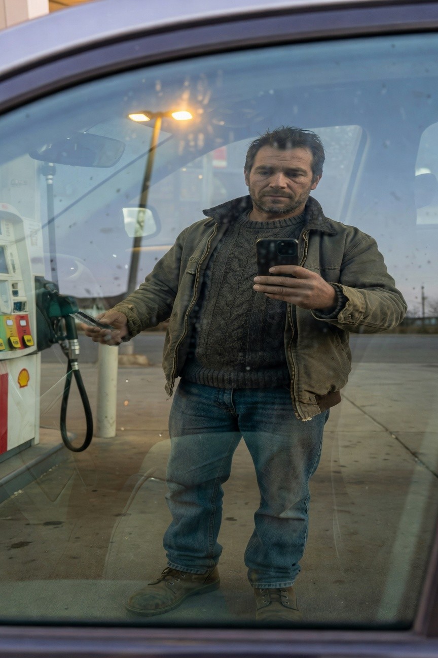 Man reflected in car window at gas station, wearing olive leather jacket over dark cable knit sweater, dark jeans, and tan work boots, holding phone and gas nozzle