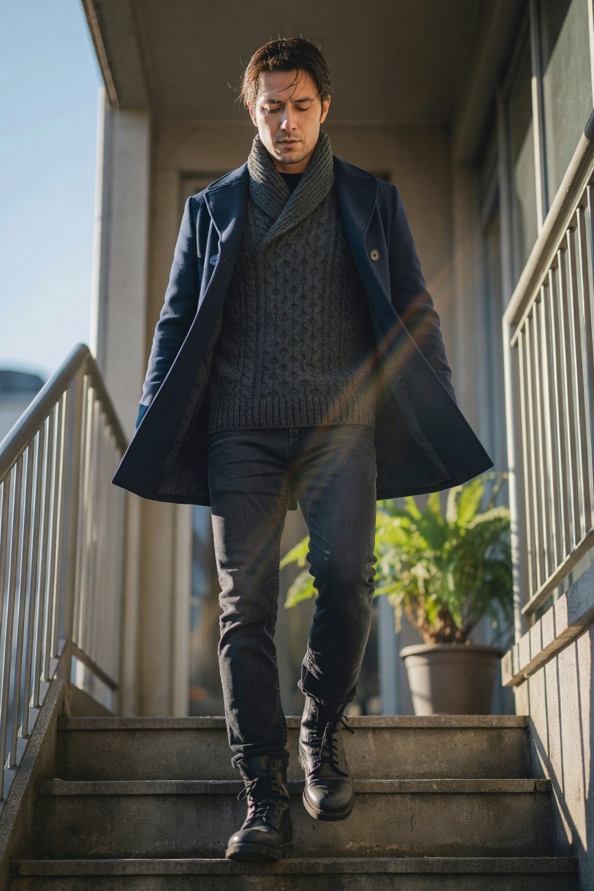 Man in navy wool overcoat over gray cable knit sweater and scarf, black turtleneck, slim black jeans, and black combat boots, walking down concrete stairs