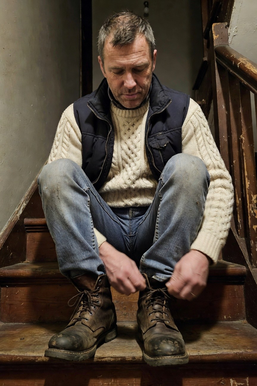 Middle-aged man sitting on wooden stairs tying the laces of his scuffed brown leather work boots, dressed in a cream cable-knit sweater layered under a navy puffer vest, with faded light blue jeans