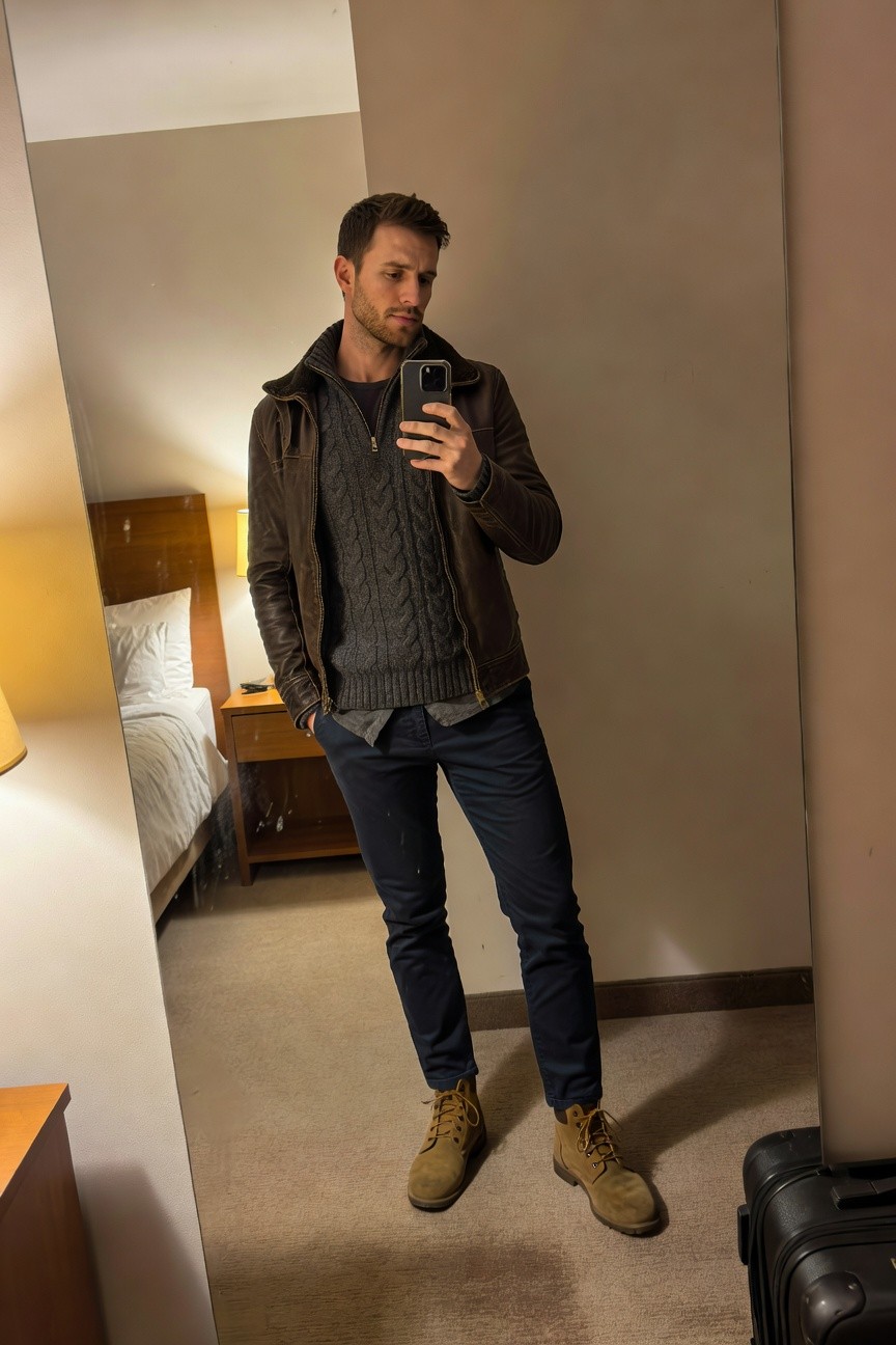 Mirror selfie of a man in a hotel room wearing an open brown leather jacket over a gray cable knit sweater, gray shirt collar, slim navy pants, and tan lace-up boots, hand in pocket holding phone, black suitcase on floor nearby