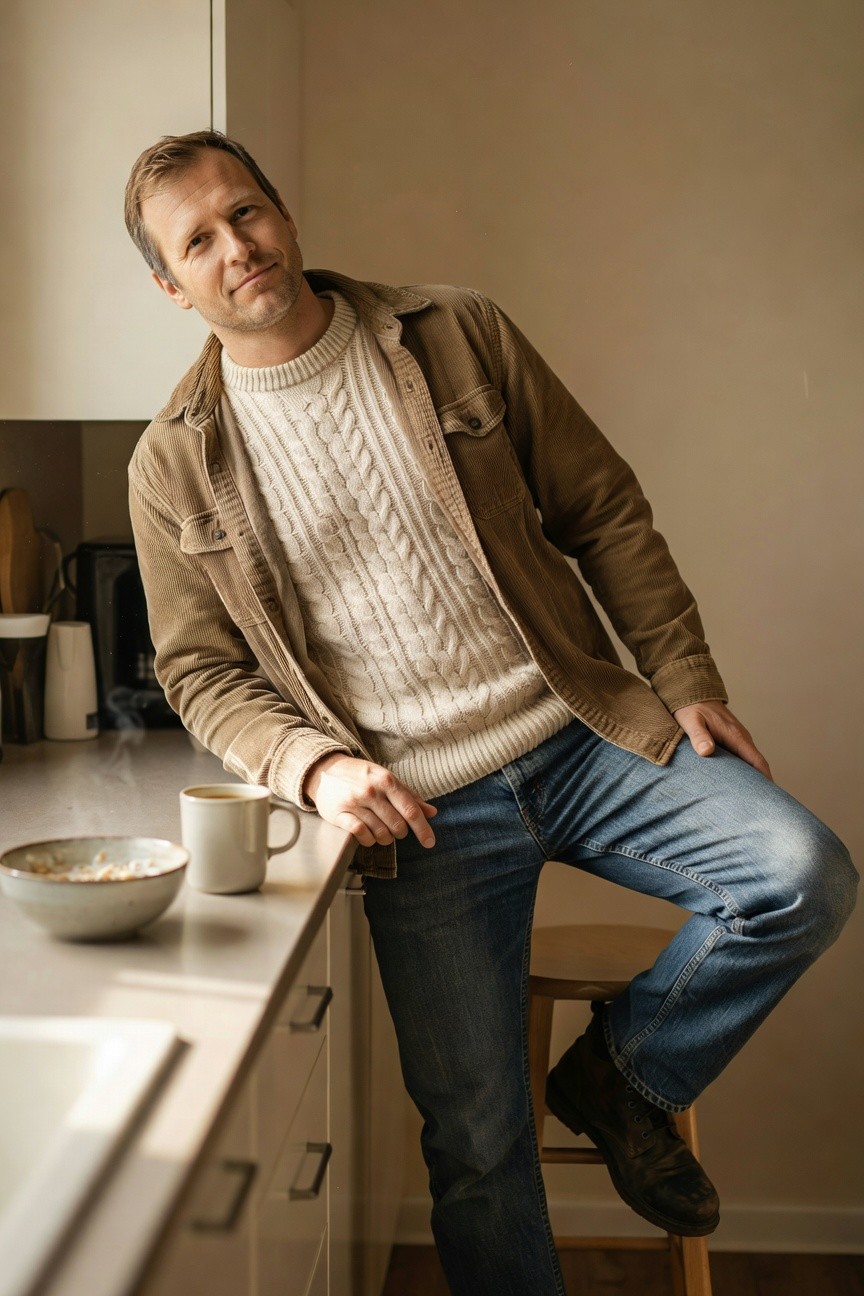 Man in his 40s leaning casually on a kitchen counter wearing an open brown corduroy jacket over a white cable-knit sweater, relaxed blue jeans, and dark leather boots, holding a white mug with a bowl of cereal nearby