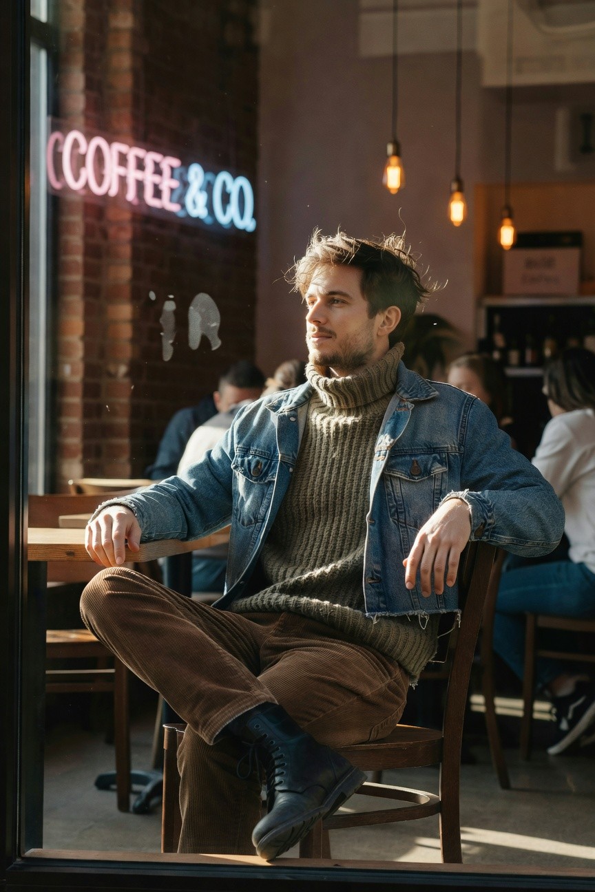 Man sitting casually in a coffee shop wearing an olive green turtleneck sweater layered under a faded blue denim jacket, brown corduroy pants, black leather boots, and a slim wristband, with neutral tones and structured rugged layering
