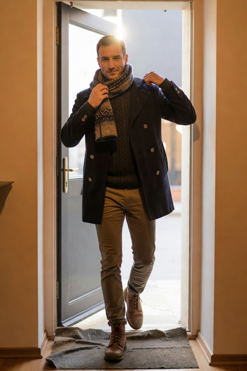 Man standing in doorway wearing navy double-breasted peacoat over gray cable knit sweater, patterned scarf, slim khaki pants, and brown leather boots