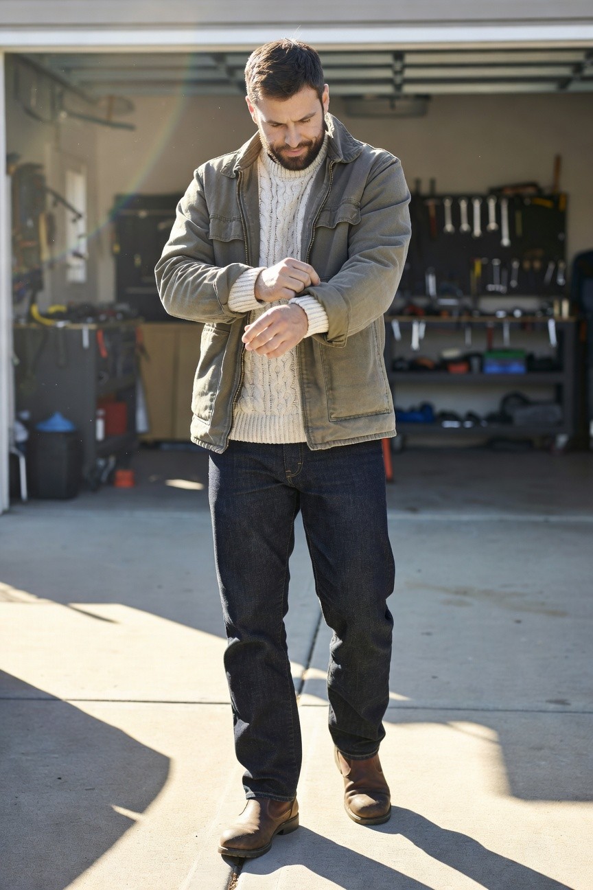 Man in olive green field jacket over white cable knit sweater, dark straight jeans, and brown leather boots, standing in garage adjusting his watch