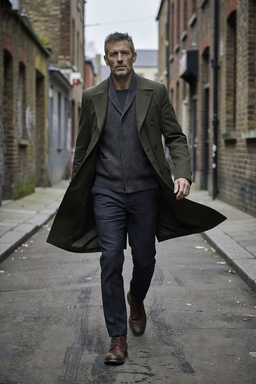 Man in olive green overcoat layered over gray knit sweater, dark trousers, and brown leather boots, walking down urban alley