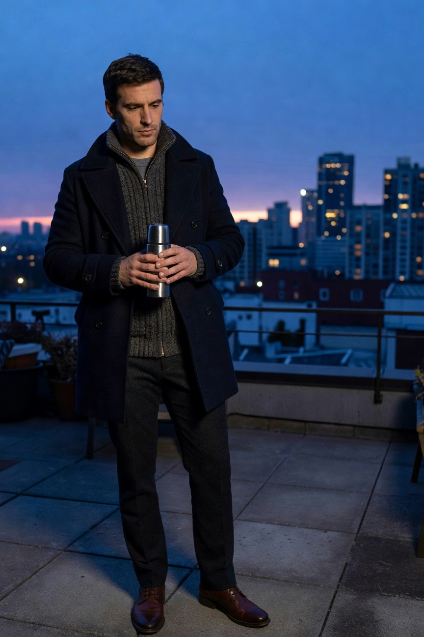 Man standing on balcony in navy double-breasted peacoat over gray cable-knit zip sweater, black slim pants, brown leather boots, holding silver thermos against city skyline at dusk