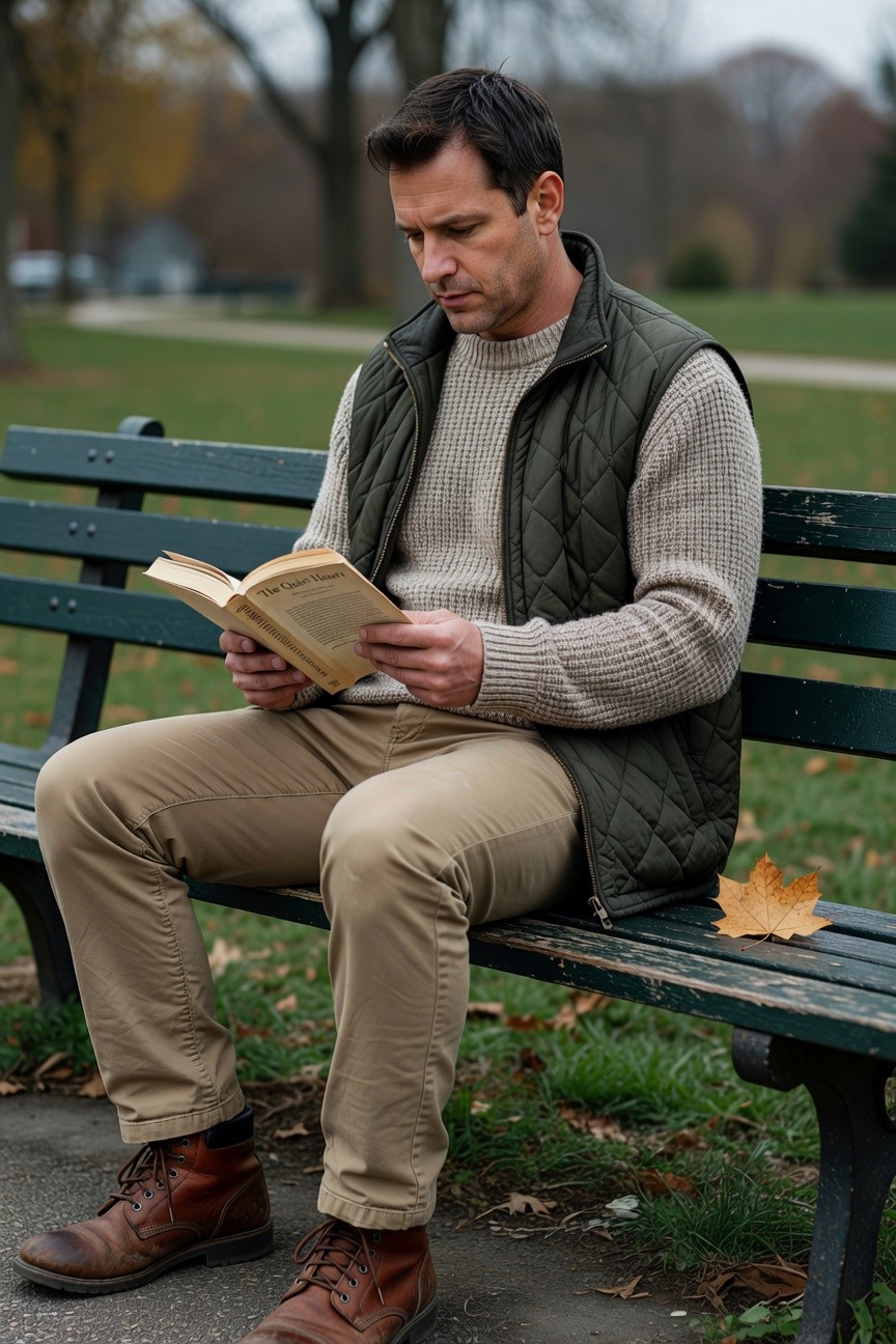 Man sitting on a bench reading a book, dressed in an olive green quilted vest over a cream cable knit sweater, khaki chinos, and brown leather boots