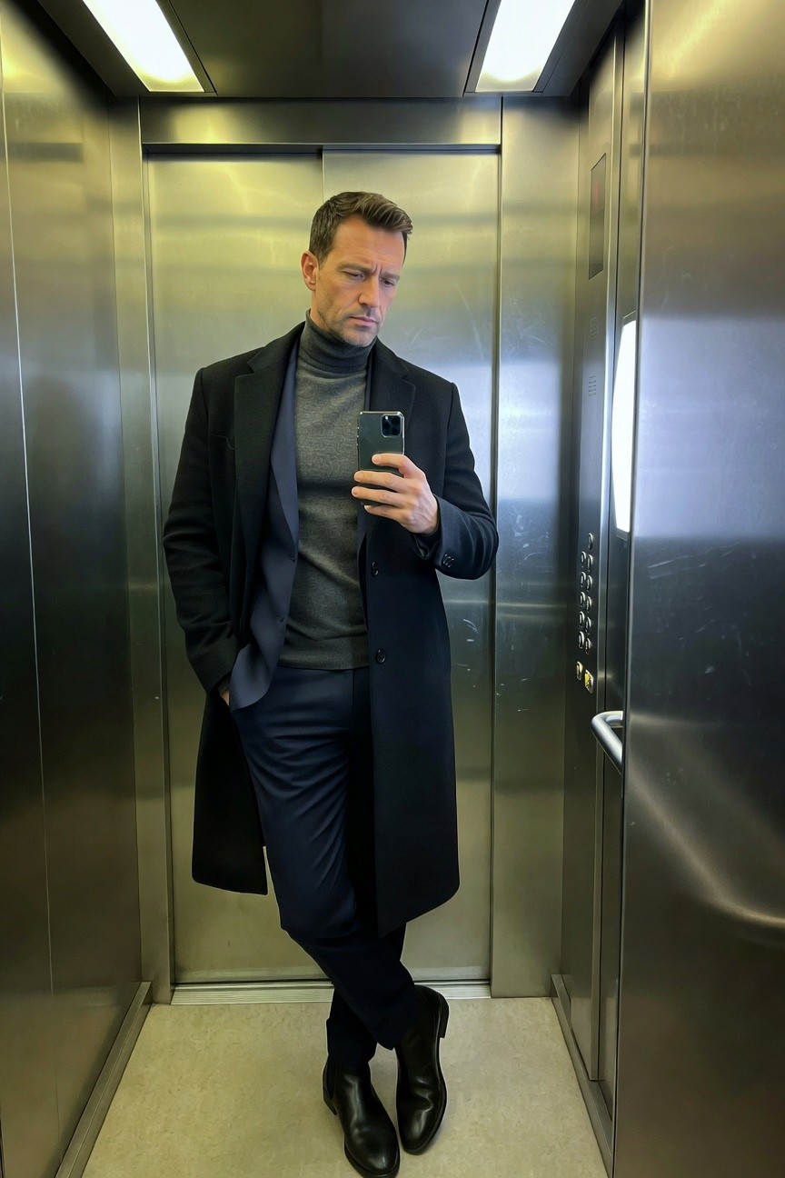Man in elevator selfie wearing grey turtleneck sweater layered under long black wool overcoat with navy slim trousers and black Chelsea boots, hands in pockets holding phone