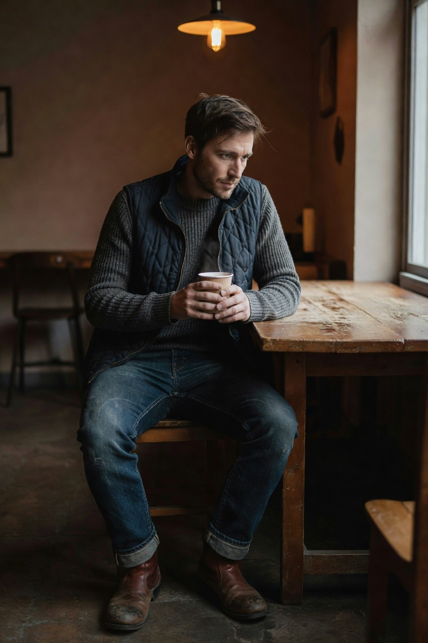 Man in gray knit sweater layered under navy quilted vest, dark cuffed jeans, and brown leather boots, sitting and holding a coffee cup at a wooden table