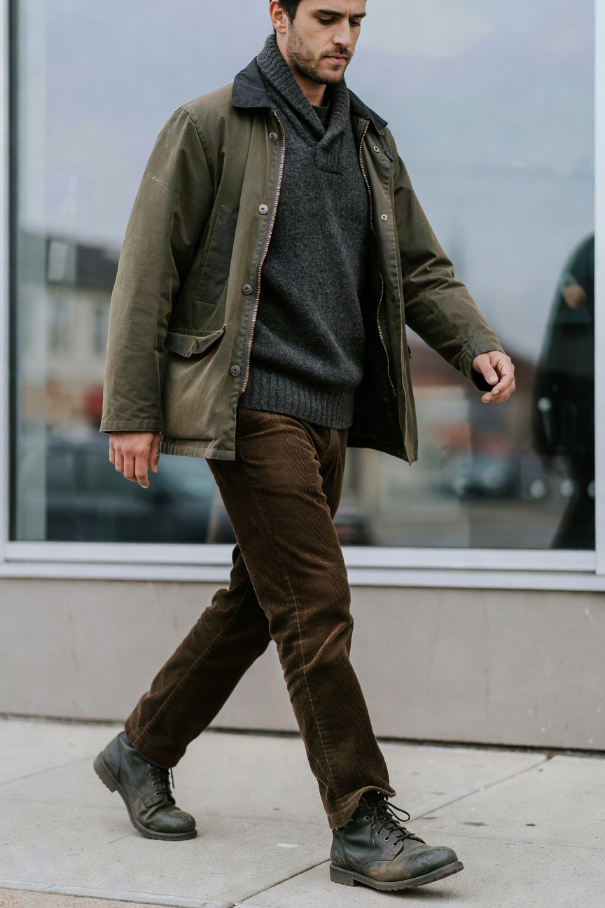 Man walking in olive green waxed jacket over gray turtleneck sweater, brown corduroy pants, and dark laced boots, viewed from side against urban window backdrop