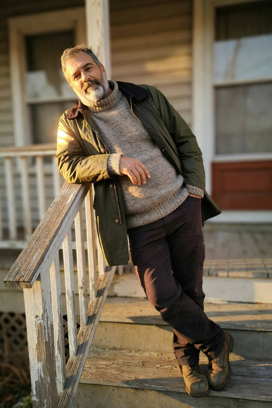 Man in his 50s with salt-and-pepper hair and beard leaning against a wooden porch railing, wearing an open olive waxed cotton jacket over a grey chunky knit turtleneck sweater, maroon cargo chinos, and tan leather boots
