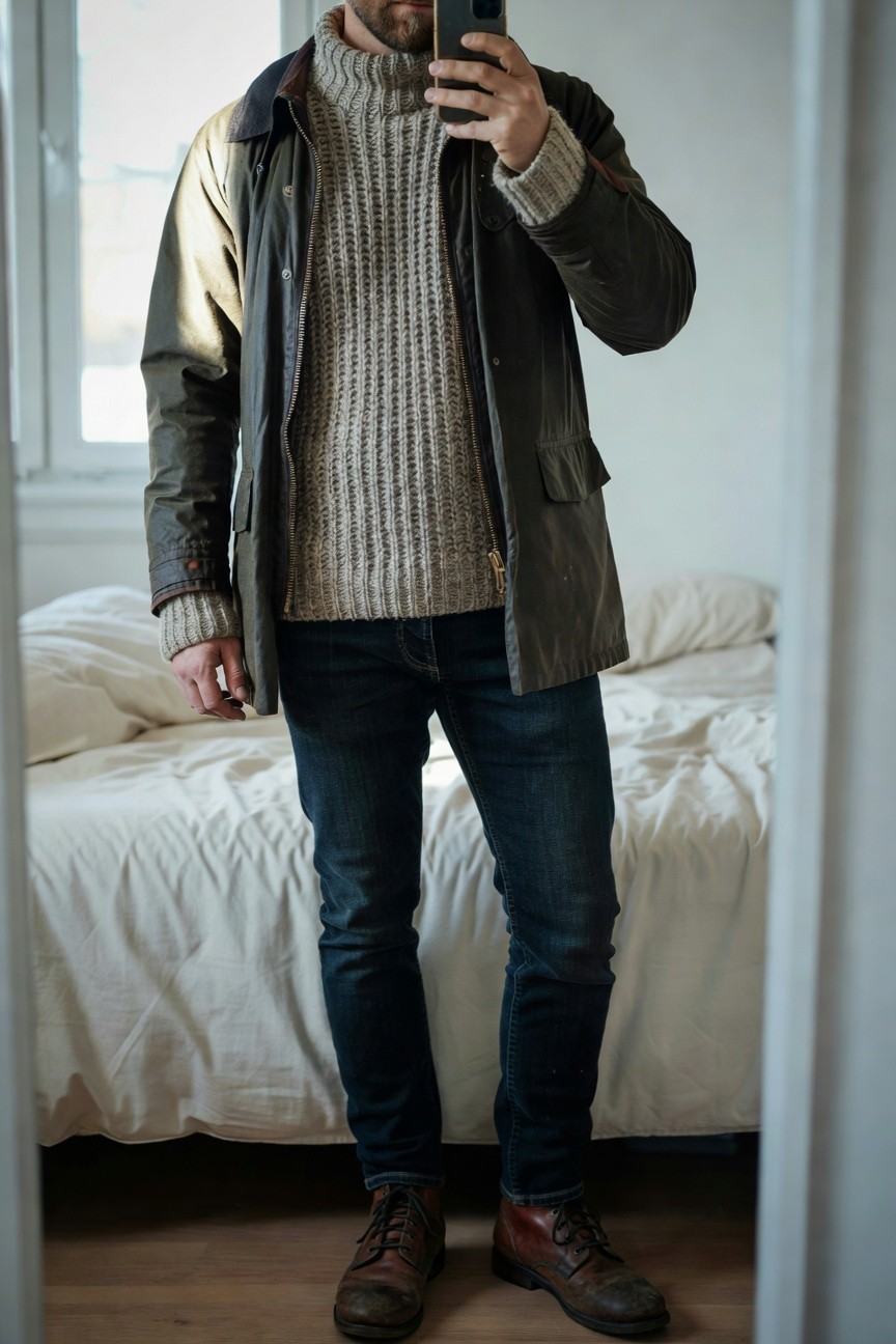 Mirror selfie of a man in olive green waxed cotton jacket layered over gray chunky cable knit turtleneck sweater dark slim jeans and reddish brown leather lace-up boots standing in a bedroom with white bed in background