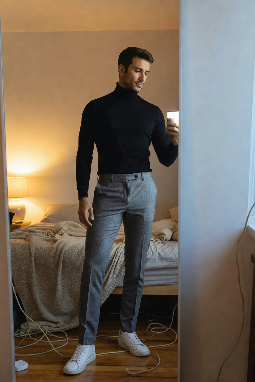 Handsome man in fitted black turtleneck sweater, slim gray wool trousers, and white leather sneakers, posing in front of mirror for smart casual look