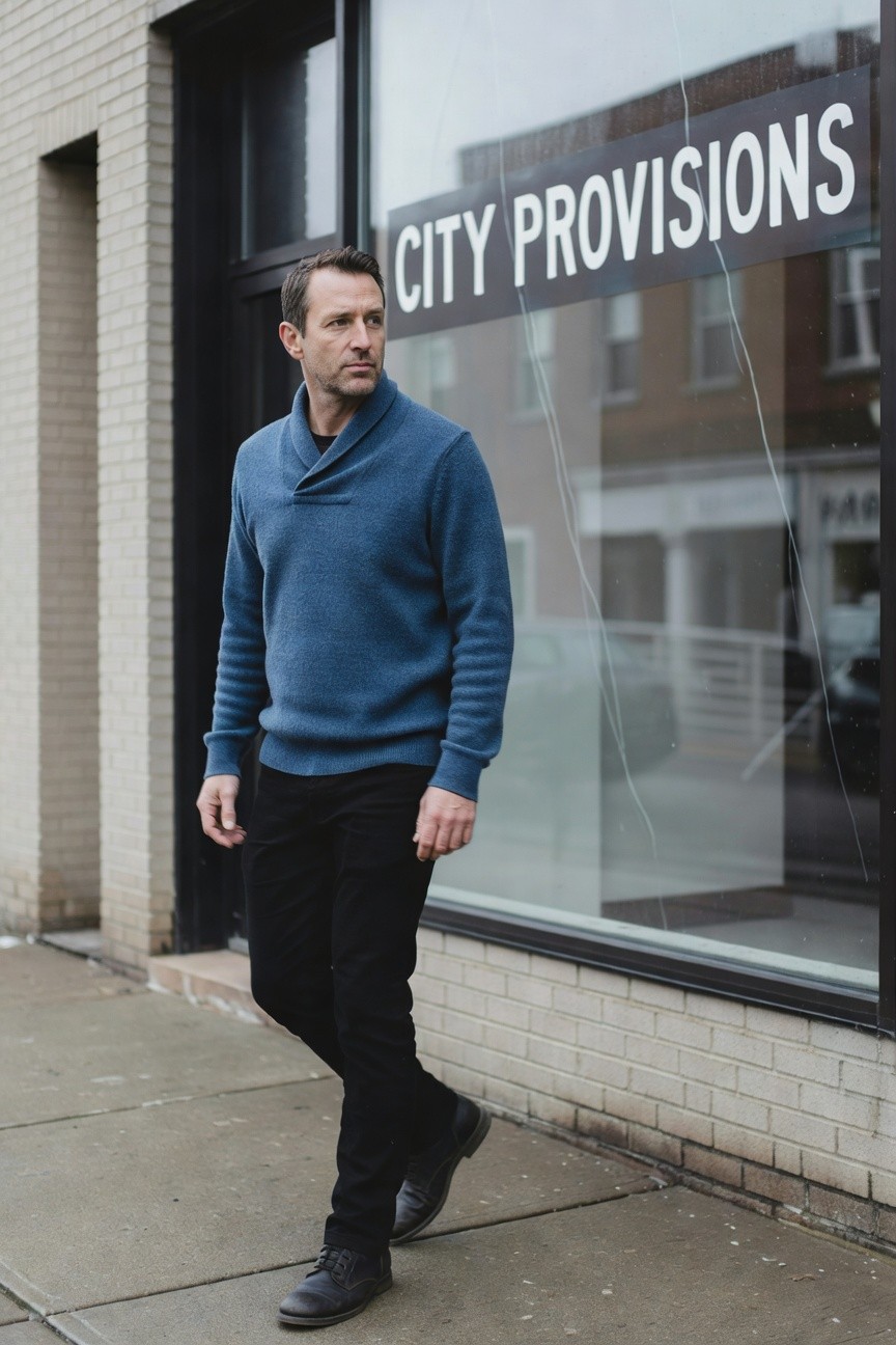 Man in textured blue shawl collar knit sweater, slim black trousers, and black leather derby boots, walking casually on urban sidewalk outside City Provisions store window