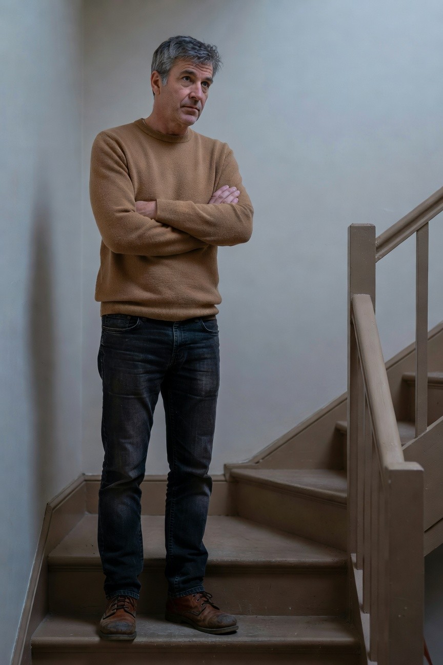 Man in his 40s with silver hair standing arms crossed on wooden stairs wearing a camel crewneck sweater dark slim jeans and brown leather boots indoor setting