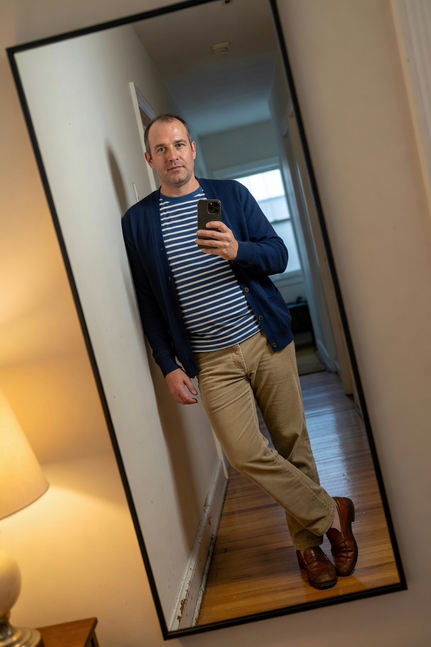 Man in mirror selfie wearing open navy blue cardigan over blue-and-white striped breton shirt, khaki corduroy pants, and brown leather loafers, standing casually in a hallway