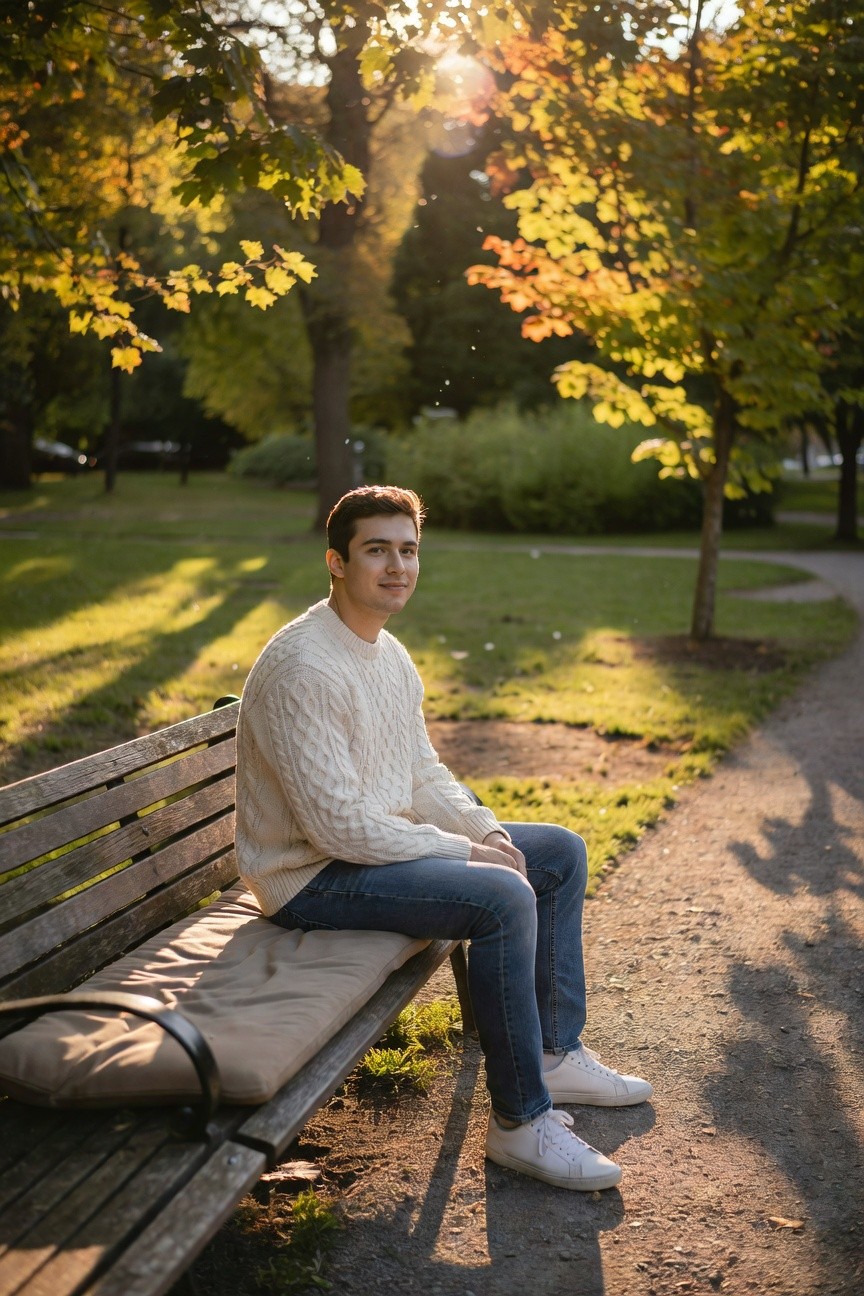 Young man seated on wooden bench wearing cream cable-knit sweater, slim blue jeans, and white sneakers, hands resting on knees in relaxed pose