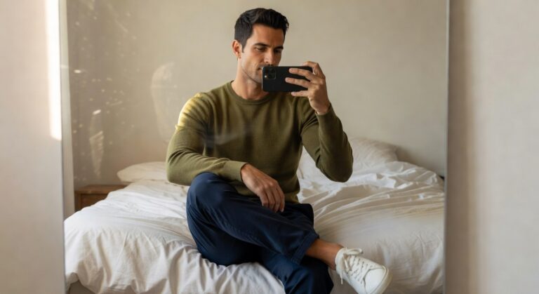 Man in mirror selfie wearing olive green crewneck sweater, navy slim trousers with drawstring, and white leather sneakers, standing casually in bedroom with bed visible