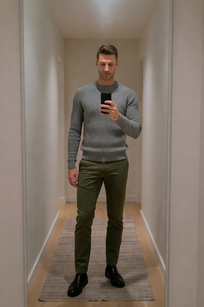 Man taking a mirror selfie in a long narrow hallway wearing a textured gray knit sweater, slim green trousers, and black leather Chelsea boots, standing confidently with phone in hand