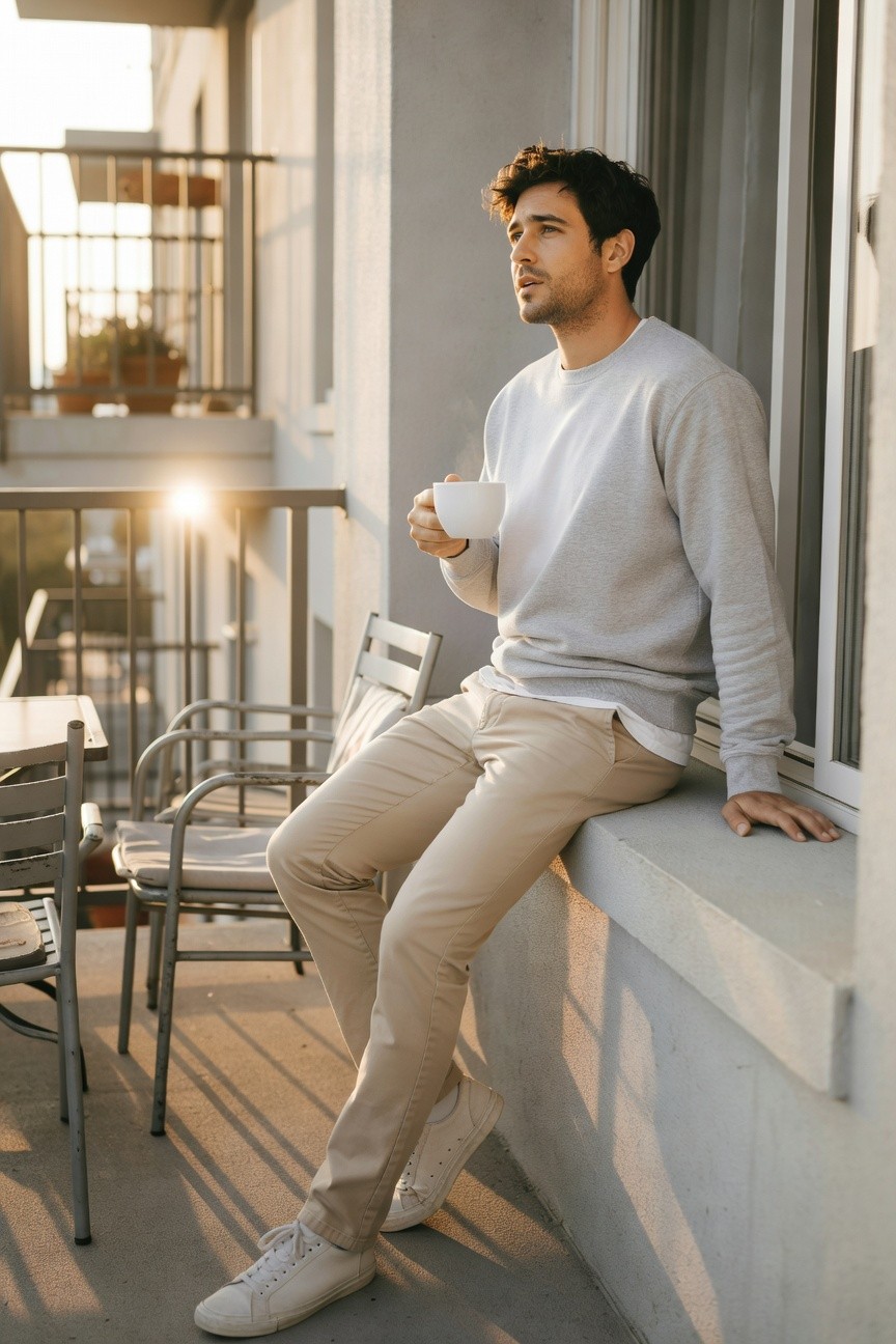 Man sitting on indoor window ledge wearing light gray crewneck sweater layered over white shirt, slim beige chinos, and white sneakers, holding white mug
