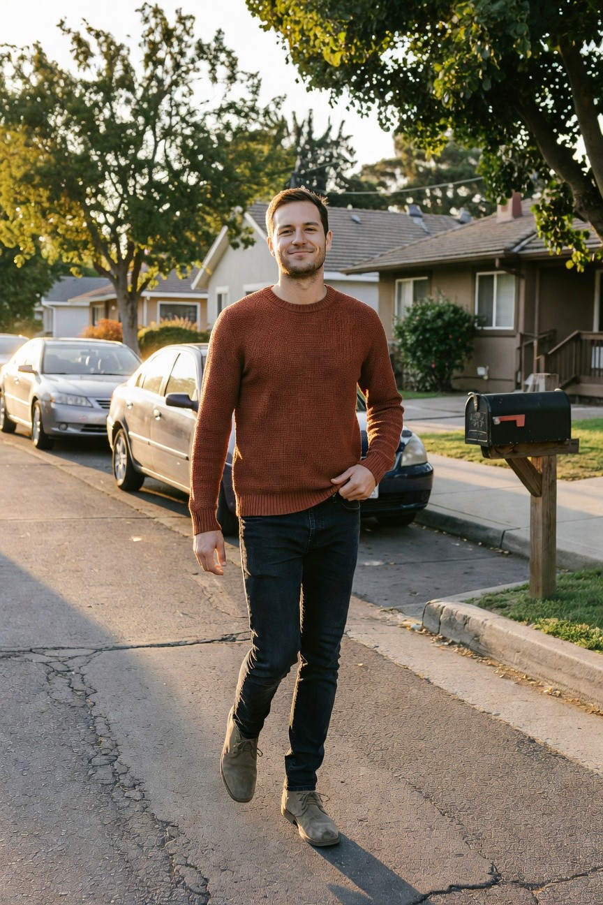 Man in rust chunky knit crewneck sweater, dark slim-fit jeans, and tan suede desert boots, walking casually on a street with hands in pockets