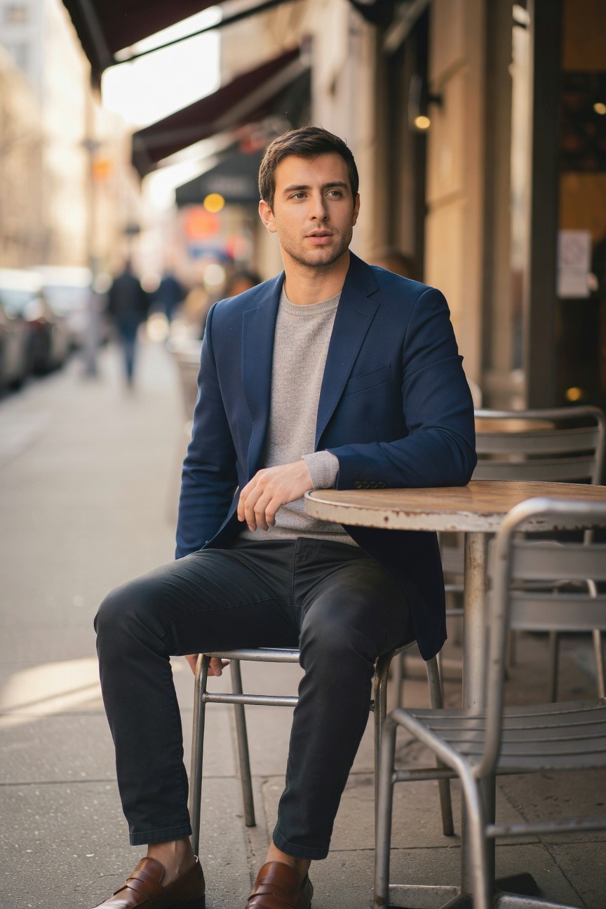 Man in navy blue blazer over light gray crewneck sweater, charcoal slim pants, and brown loafers, seated casually at an outdoor table
