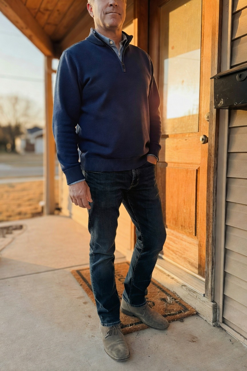 Man standing casually in navy blue half-zip sweater layered over collared shirt, dark slim jeans, light gray suede lace-up chukkas, and slim bracelet watch
