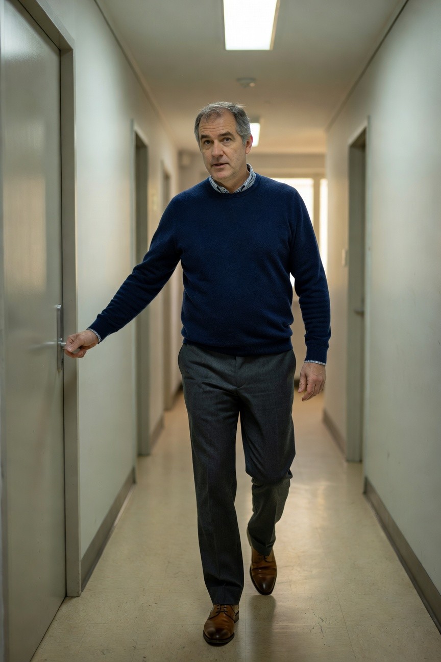 Man in navy crewneck sweater layered over light blue collared shirt, gray wool trousers, and brown leather oxfords, walking in a modern hallway while opening a door