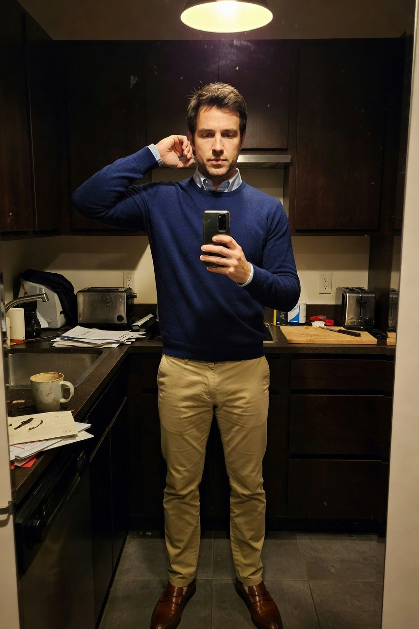 Man in navy blue sweater layered over light blue collared shirt, khaki chinos, and brown loafers, taking a mirror selfie in a kitchen setting