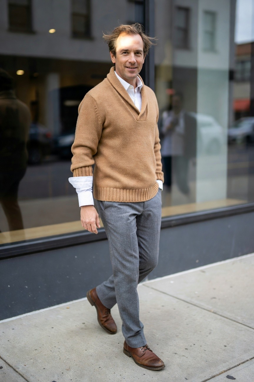 Man in camel shawl collar sweater layered over white collared shirt with cuffs peeking out, paired with slim gray trousers and brown leather loafers, walking on urban sidewalk