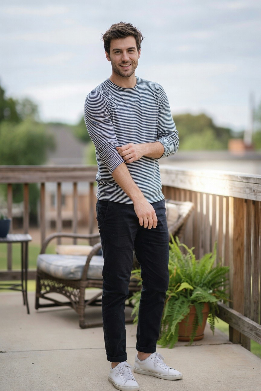 Man in gray-and-white striped long-sleeve crewneck sweater, black slim cropped pants, and white sneakers, posing casually on a wooden deck