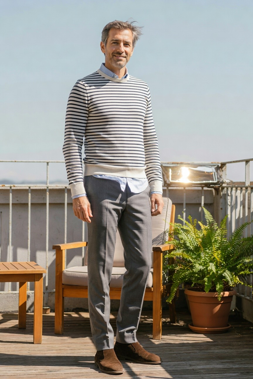 Man standing on a balcony in a navy and white striped sweater layered over a light blue collared shirt, paired with slim gray wool trousers and dark brown suede loafers, wooden furniture and plants in background
