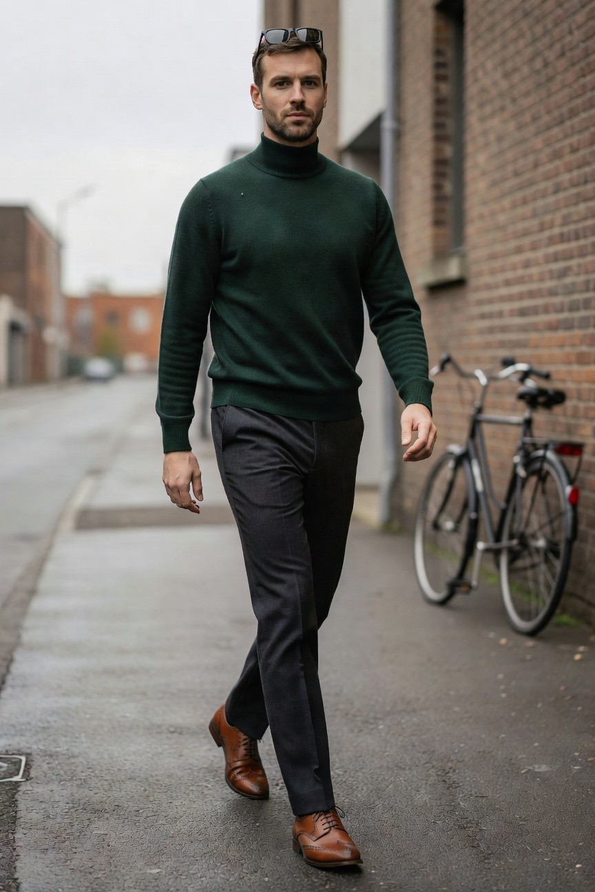 Man walking in deep green wool turtleneck sweater, slim grey wool trousers, brown leather brogue shoes, sunglasses perched on head, against brick wall and bicycle