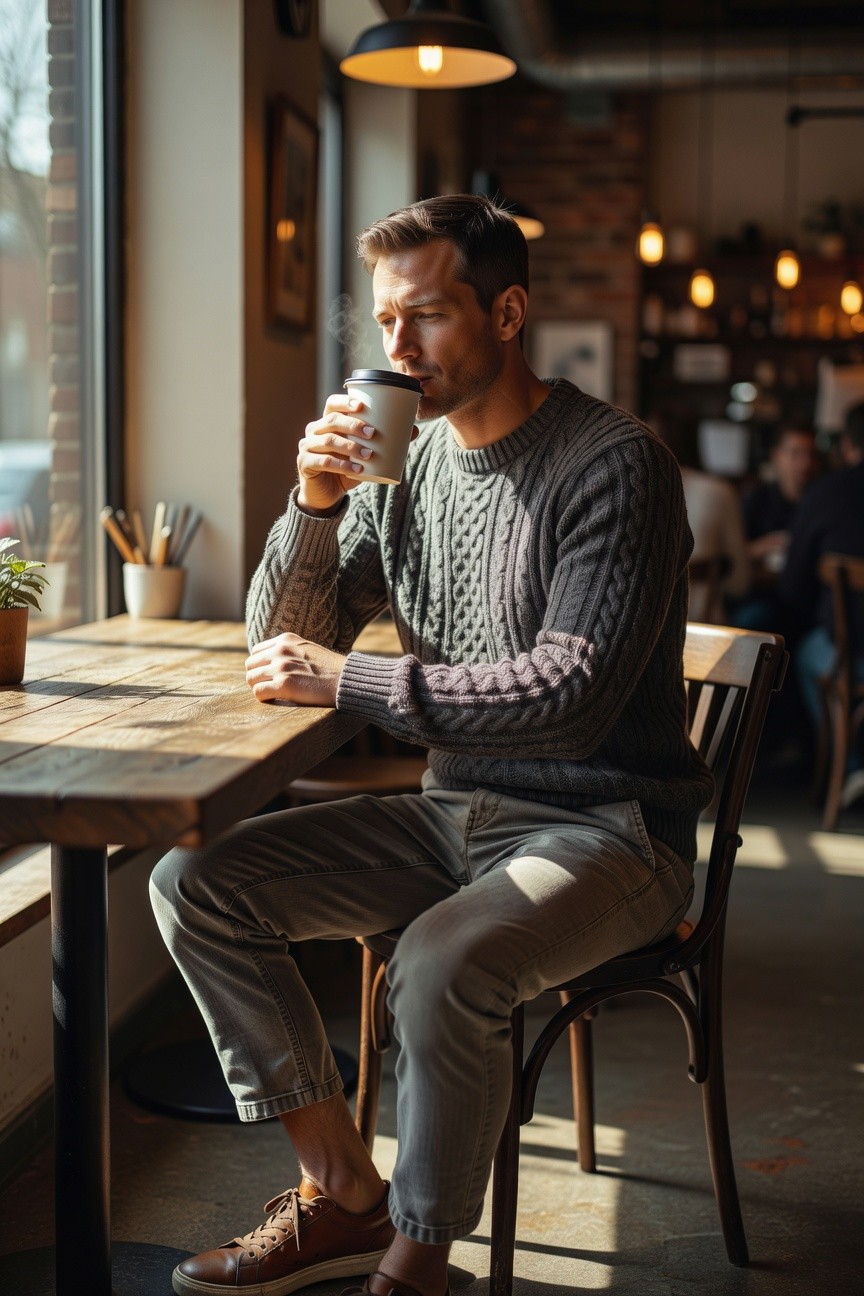 Man in grey cable knit sweater with subtle sleeve accents, slim grey pants, and brown leather sneakers, seated at a table holding a coffee cup