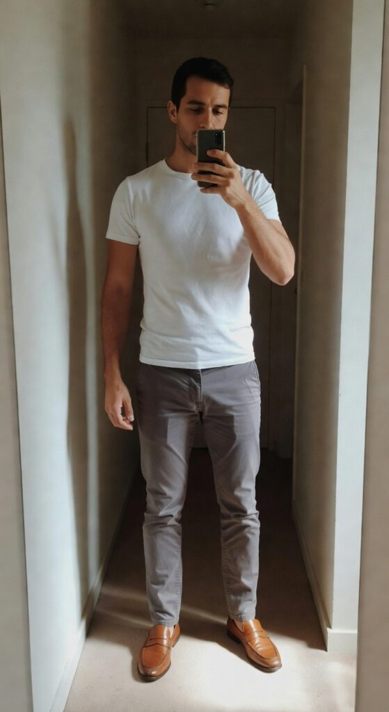 Man in mirror selfie wearing white crewneck t-shirt, slim grey chinos, and brown leather penny loafers, standing in hallway