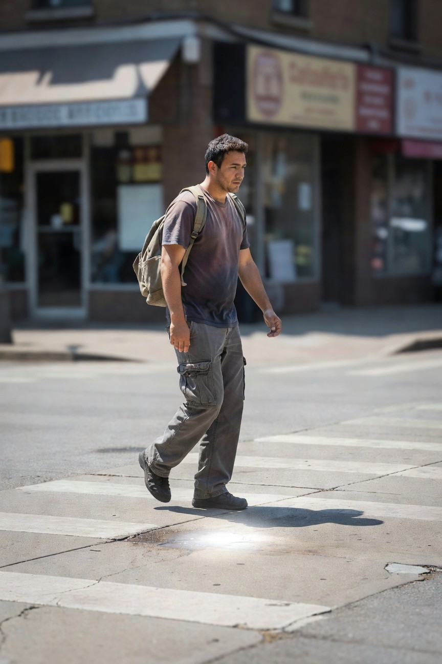 Man in faded purple-grey t-shirt, grey cargo pants, black sneakers, and khaki backpack walking casually on a crosswalk