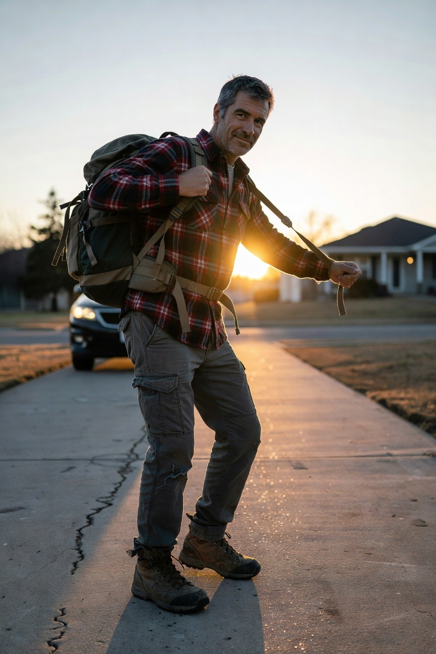Man in grey cargo pants, red-and-black plaid flannel shirt, green backpack, and brown hiking boots standing casually on a sidewalk
