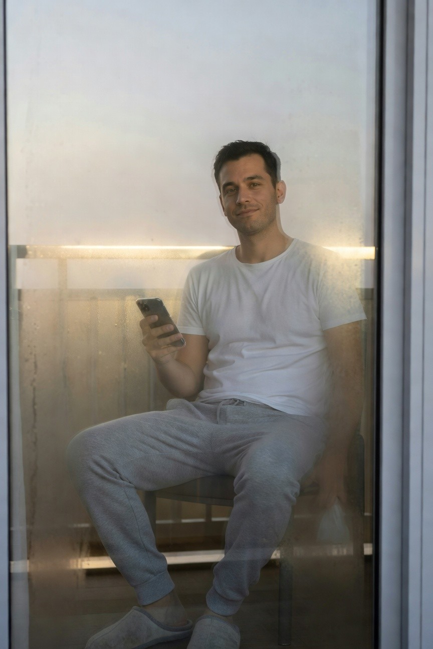 Man in white short-sleeve t-shirt, light grey jogger sweatpants, and matching grey slippers, sitting casually while holding a smartphone, reflection through frosted glass door