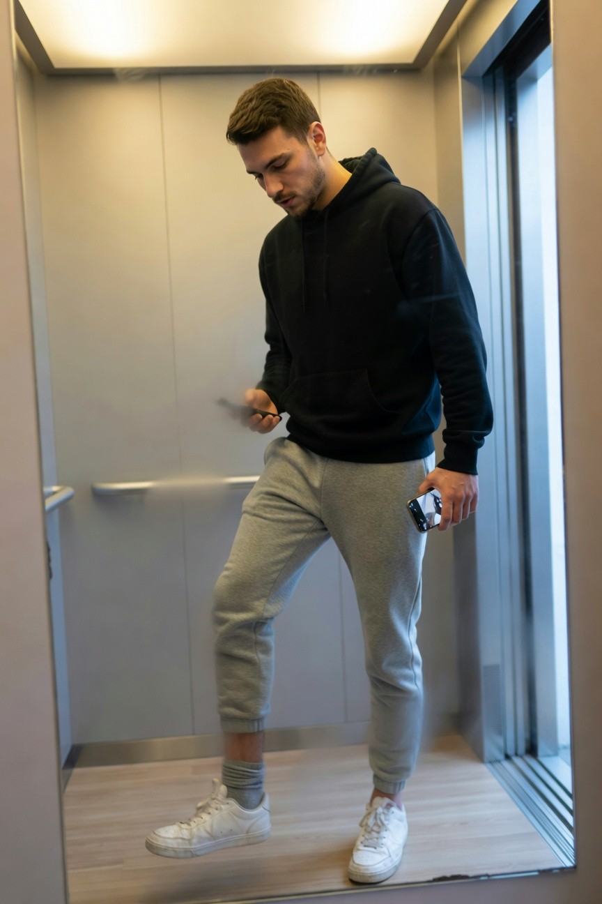 A young man in a black hoodie, light grey joggers, white sneakers with visible socks, standing casually while holding a phone and small object in an elevator with mirrored walls