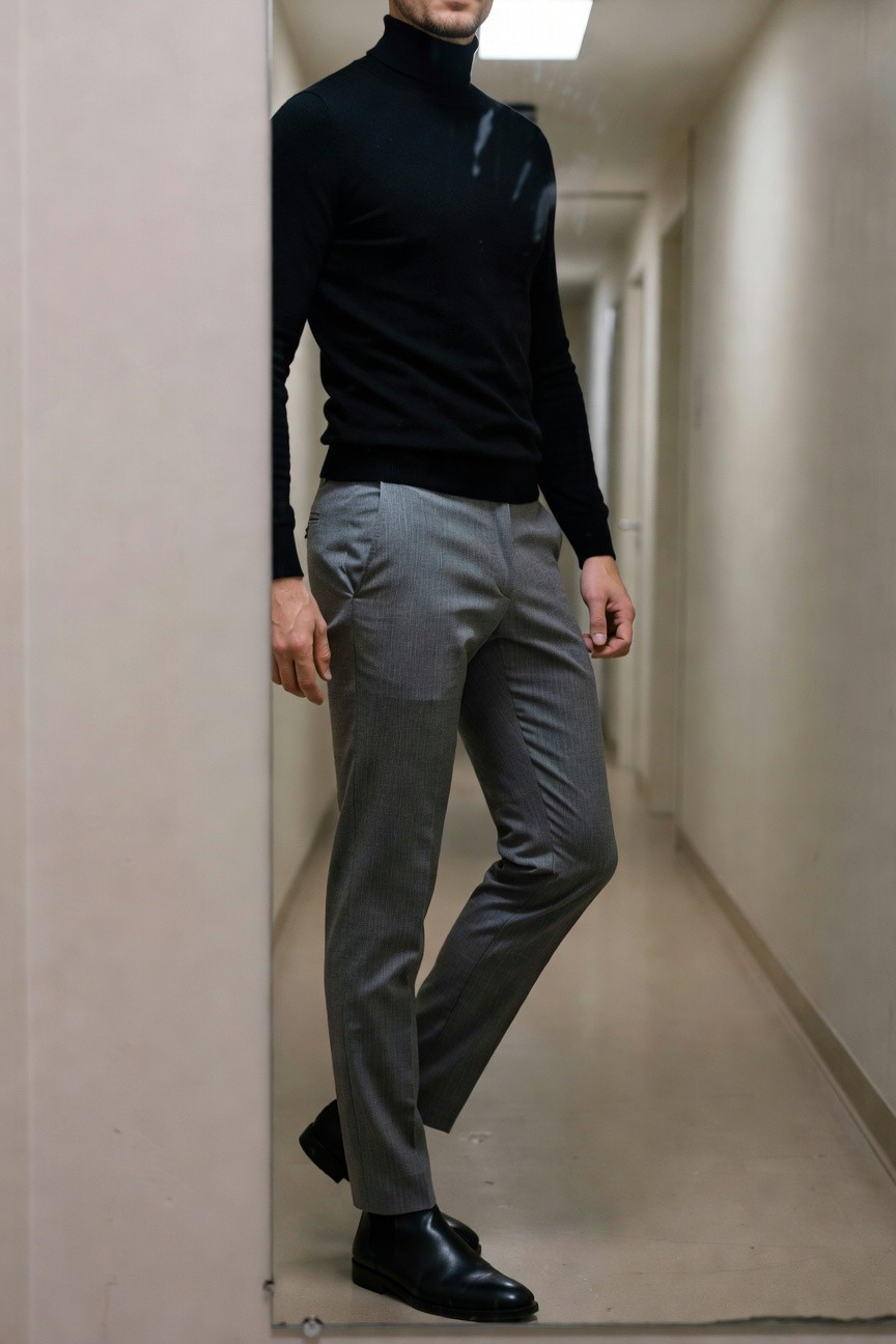 Man in black turtleneck sweater, slim grey herringbone trousers, and black leather dress shoes, leaning casually in a hallway mirror reflection