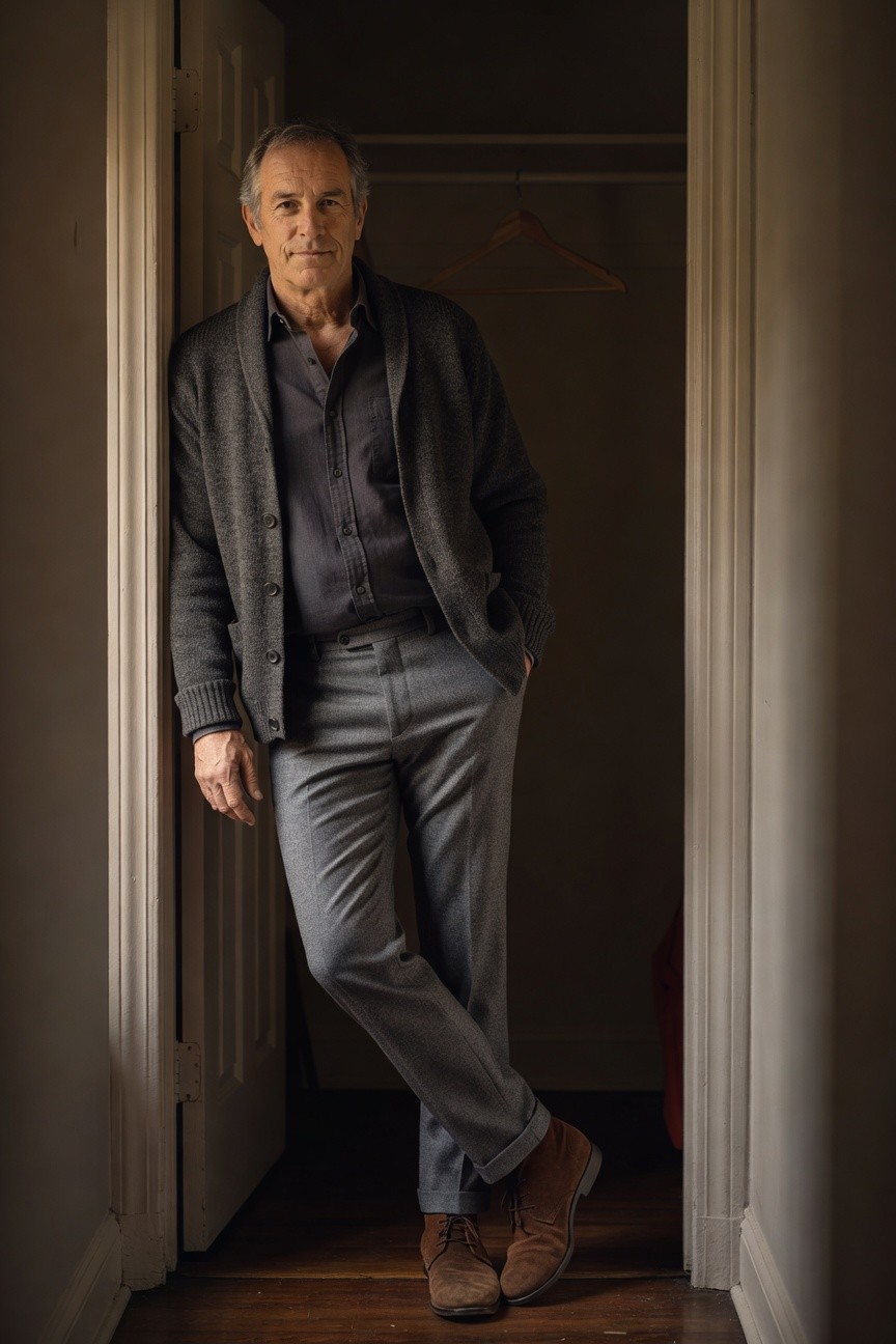 Mature man leaning against doorframe in slim grey wool trousers cuffed at ankles, open grey knit cardigan over charcoal shirt, hands in pockets, wearing reddish-brown suede desert boots on wooden floor