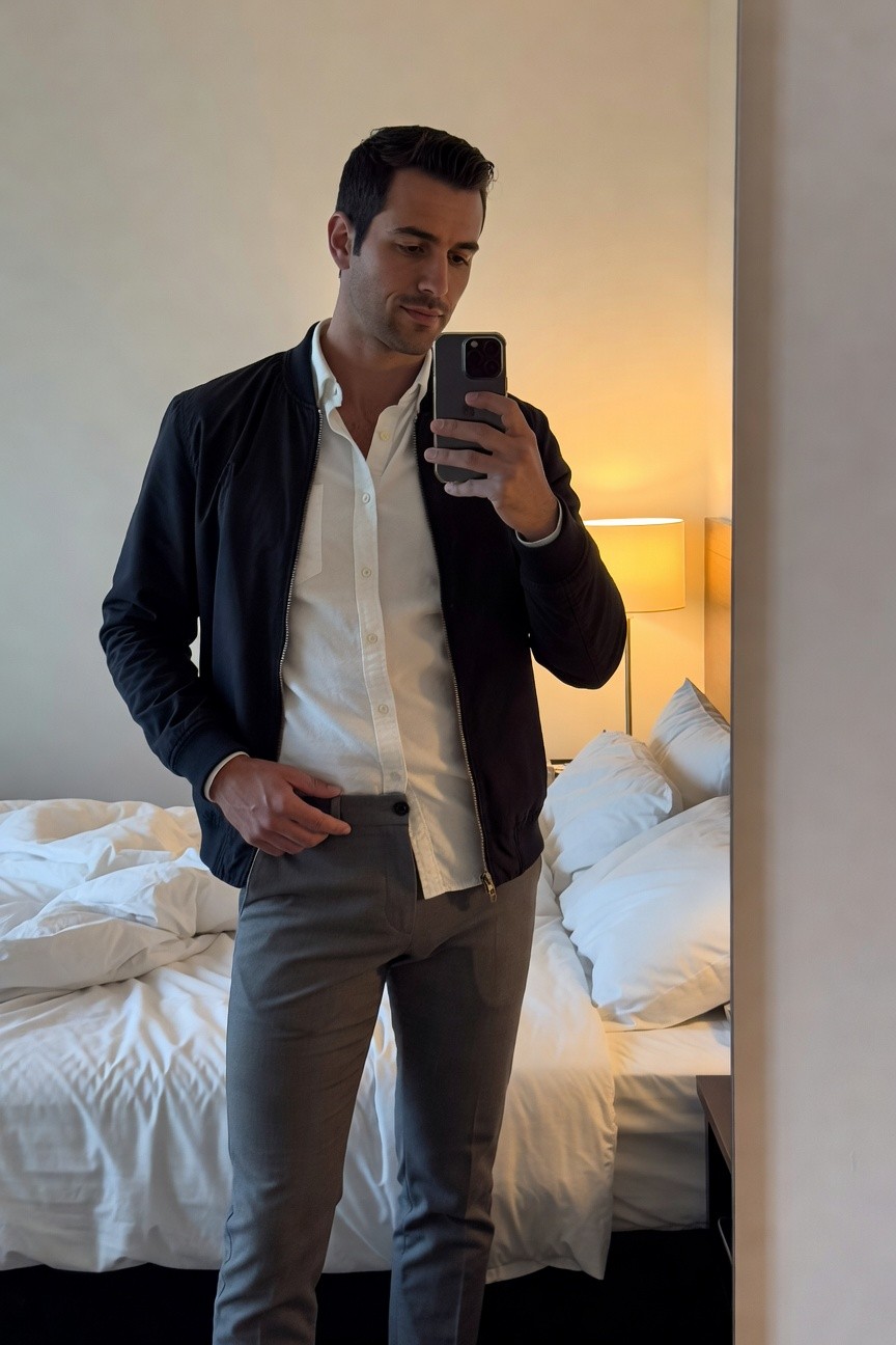 Mirror selfie of a man in a black bomber jacket over an open white button-up shirt and slim grey trousers, standing in a hotel room with hands in pockets
