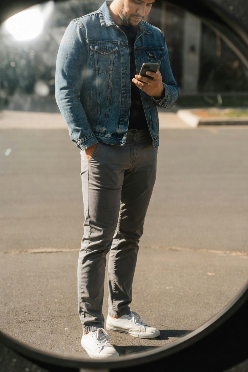 Man standing casually in light blue denim jacket over black t-shirt, slim grey pants, and white low-top sneakers, holding phone while one hand in pocket, viewed through a large circular frame