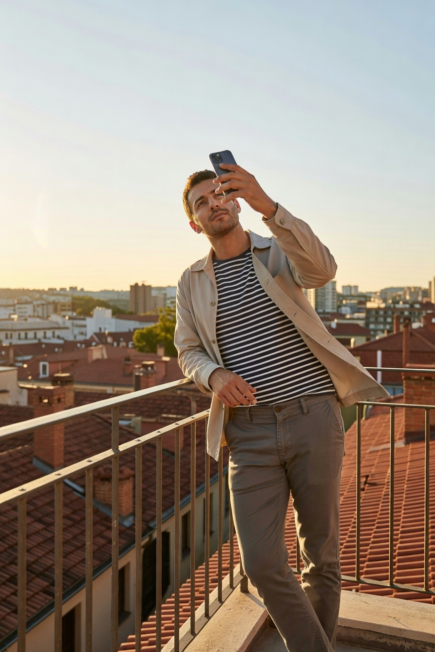 Man in slim light grey chinos, navy white striped breton shirt, open beige lightweight coat, leaning on railing while holding phone